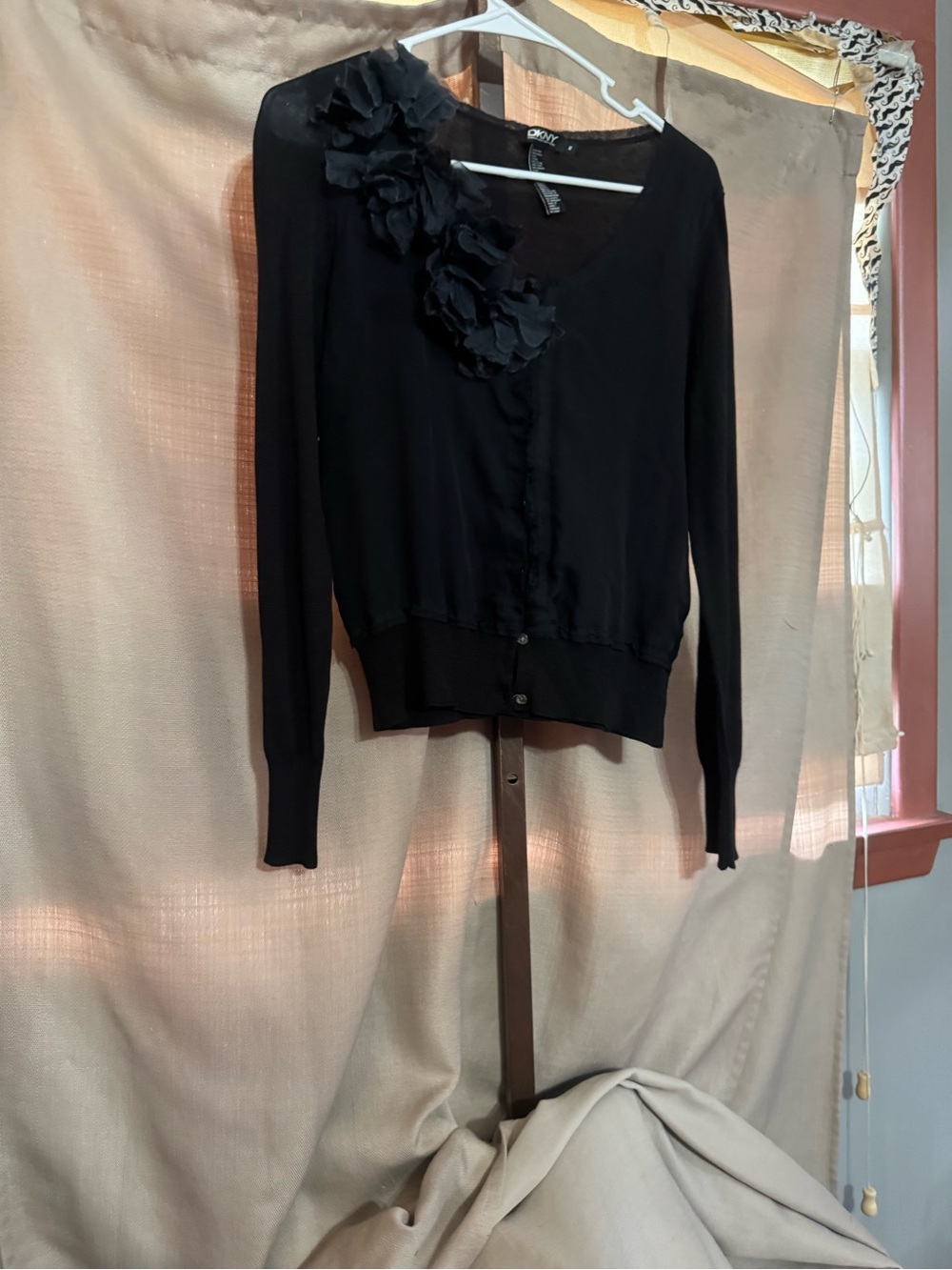 DKNY Black Floral-Applique V-Neck Cardigan Sweater -  Women
